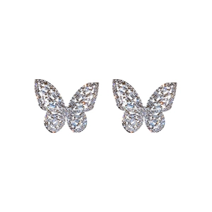 Elegant silver butterfly stud earrings with sparkling cubic zirconia stones on white background