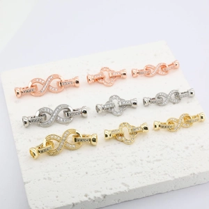 Infinity pearl necklace clasps with 18K plating and cubic zirconia in three colors