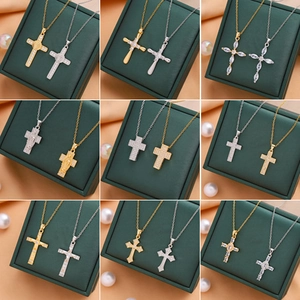 Cross Pendant Necklace Stainless Steel Zirconia Inlaid Religious Jesus Virgin Mary Fashion Jewelry For Women Men