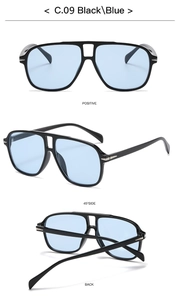 Three-view layout of retro pilot sunglasses with black frame and light blue lenses
