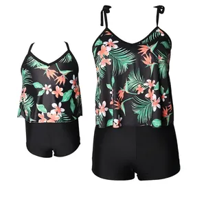Matching Mother Daughter Swimwear Tropical Palm Leaf Print Ruffled Tankini Top And Bottom Swimsuit For Women Girl Vacation