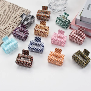 Checkered hair claw clip set in various colors including pink, blue, and orange