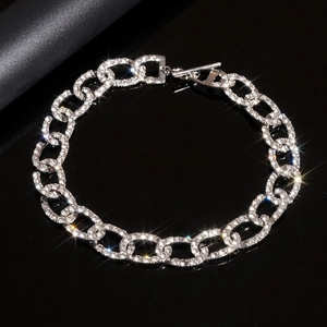 Elegant silver paved rhinestone chain choker with T-bar closure on black mirror background