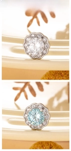 Detailed view of flower earrings with white and blue zircon in silver settings