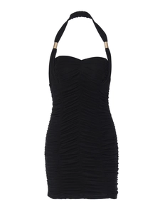 Chic black halter neck dress with ruched details and elegant gold metal ring accents