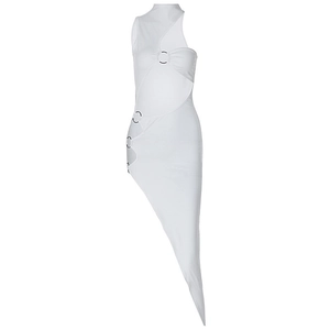Sexy white sleeveless dress with cut-outs, metal rings and asymmetrical hemline