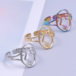 Three-piece minimalist abstract face outline adjustable open rings in silver, gold, and rainbow
