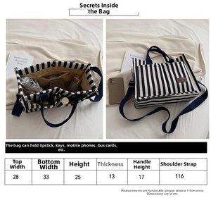 Detailed size chart for the striped canvas tote bag showing all specific dimensions