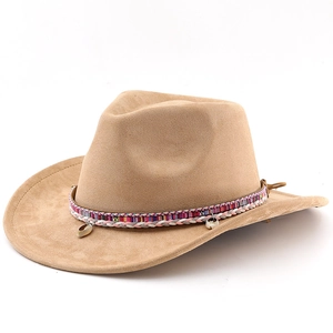 Beige faux suede western cowboy hat with ethnic braided band and seashell accents