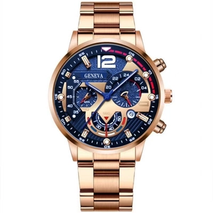 Close-up of Geneva quartz watch with blue dial and rose gold mesh strap details