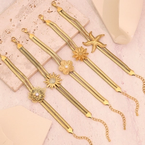 Women Stainless Steel Double Layer Snake Bone Chain Bracelet Gold Plated Flower Sun Starfish Charms Artificial Pearl Resin Adjustable