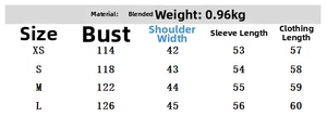 Size chart for the faux fur short coat showing measurements for sizes XS to L in centimeters