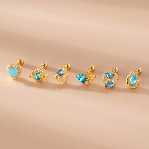 Set of 6 gold stainless steel screw back earrings with blue heart and butterfly zircon designs