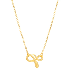 Detailed macro view of the gold coiled snake pendant forming an infinity symbol shape