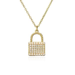 Gold plated square lock pendant necklace with pearls and crystals on white background