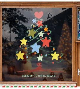 Detail view of artistic Christmas tree window sticker with colorful stars and holiday text