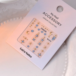Autocollants nail art 3D dorés avec strass bleus et motifs étoilés et lunaires de luxe