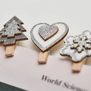 Christmas wooden clips set with silver glitter snowflake heart and tree designs