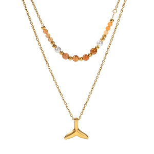 Double-layered 18k gold stainless steel necklace with fishtail pendant and pearl beads