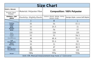 Detailed size guide table for loose-fit polyester bomber jacket in cm for S M L sizes
