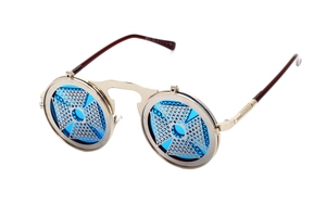 Detail view of steampunk flip-up sunglasses with gold metal frame and blue round lenses