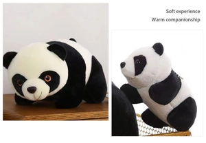 Detail showing plush panda dolls in crawling and sitting poses with soft black and white fur