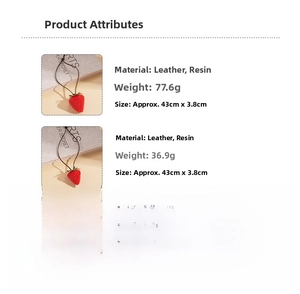 Detailed dimensions of red strawberry pendant necklace made of leather and resin