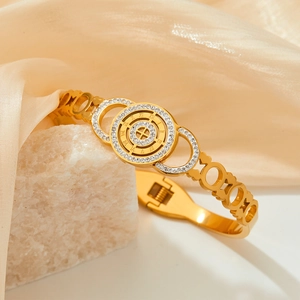 Stainless Steel Roman Numeral Hollow Circle Rhinestone Bangle Bracelet For Women Geometric Luxury Fashion Jewelry