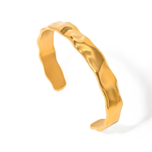 18K gold-plated stainless steel wide cuff bracelet featuring unique hammered texture finish