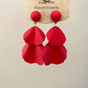 Elegant red matte petal tassel earrings with silver needle and vintage floral design