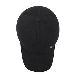 Men's winter wool baseball cap in black with ear protection and metal shield logo