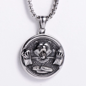 Silver No Pain No Gain weightlifting bear embossed pendant with chunky link chain