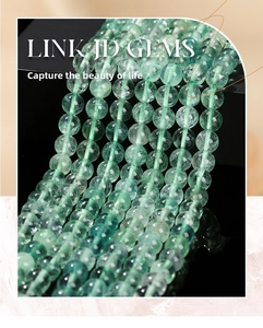 Macro detail of natural translucent green fluorite round beads with internal ice cracks