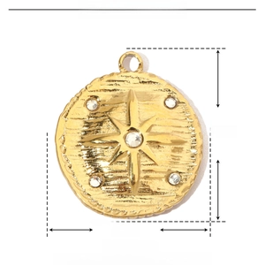 Detail showing 21mm star embossed gold stainless steel pendant with rhinestone dimensions