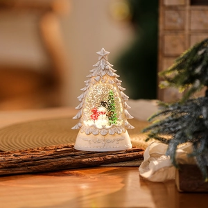 Detail view of a vintage white Christmas tree lantern with an internal snowman scene
