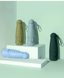 Detailed view of compact capsule umbrellas in assorted Morandi colors on white stands