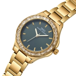 Luxury gold stainless steel women's watch with crystal-encrusted bezel and dark green dial