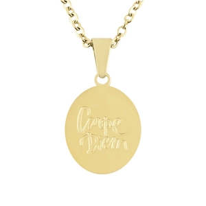 Golden titanium steel oval necklace with Carpe Diem engraving on a white background