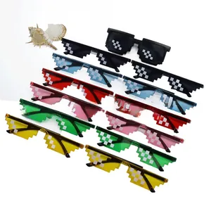 Macro shot of colorful pixel style Thug Life sunglasses in six different vibrant colors
