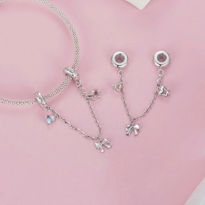 S925 sterling silver safety chain for bracelets featuring bow, heart, and star charms