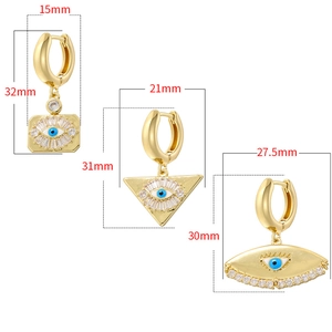 Three gold evil eye earrings with zircon in geometric shapes and size measurements