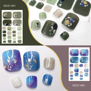 Waterproof glitter toenail stickers in green and blue-purple gradients with gold foils