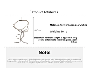 Detail view of pearl bow necklace showing 35cm main length plus 8.5cm extension chain