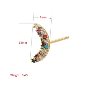 Colorful moon stud earrings with zircon inlay, 12mm height and 6mm width, golden base