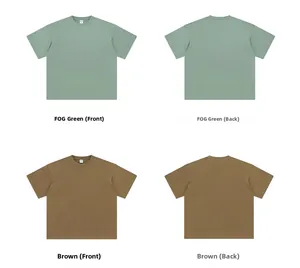 Detailed front and back views of oversized cotton t-shirts in FOG green and brown