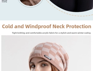Close-up of tight-knit acrylic fabric and pink-beige check pattern on winter beanie set