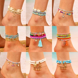 Bohemian Ocean Beach Anklet Bracelet For Women Multi Layer Shell Rice Bead Starfish Seahorse Charms Summer Vacation Jewelry
