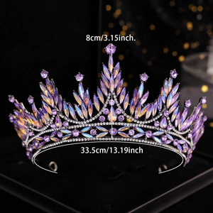 Purple crystal bridal tiara with rhinestones, 8cm height and 33.5cm arc length measurements