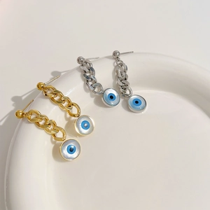 Fashionable evil eye drop earrings with thick cuban chain in gold and silver finish