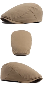 Vues détaillées d'une casquette plate kaki montrant le tissu texturé et les profils